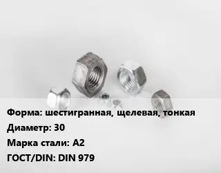 Гайка шестигранная, щелевая, тонкая D=30 Сталь: А2 DIN 979